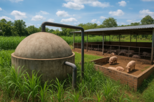 Hầm biogas và khu trồng cỏ voi trong mô hình trang trại lợn tuần hoàn.